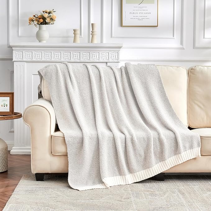CozeCube Super Soft Fullfy Microfiber Reversible Knitted Blankets, Warm Cozy Fuzzy Plush Throw, Grey and White Melange Throw Blanket for Couch Bed Sofa, 50" x 60"