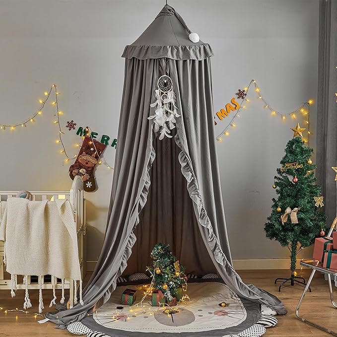 VETHIN Bed Canopy for Girls,Princess Round Dome Dreamy Mosquito Net Bedding Girls Room Castle Play Tent Hanging House Decor Reading Nook Canopies (Grey)