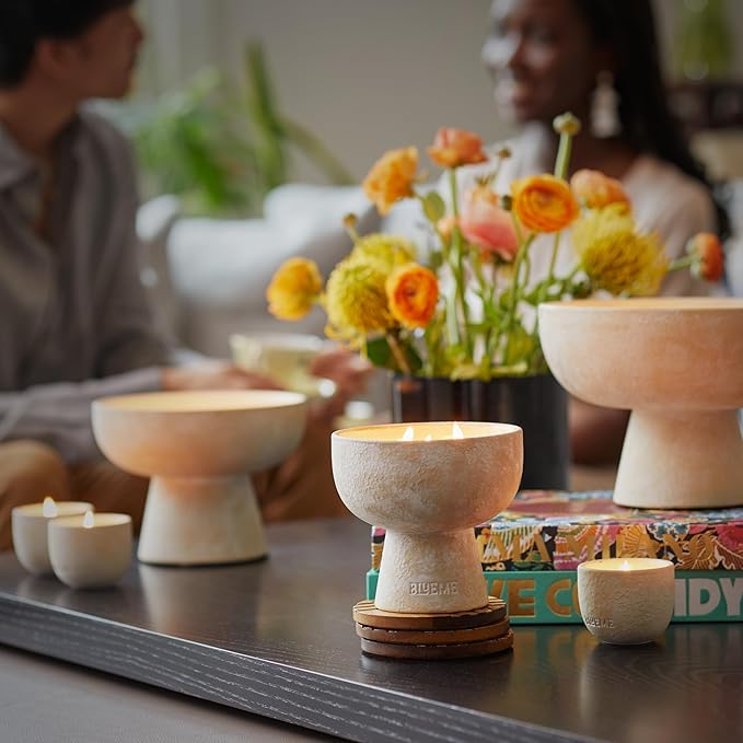 Blueme Calm Candle | Osmanthus & Sandalwood | 2 Wick - Refillable Wellness Candle with Essential Oils, Hand Finished & Poured Soy Wax Blend Ceramic Vessel, Natural Cotton Wicks | Medium 12 oz