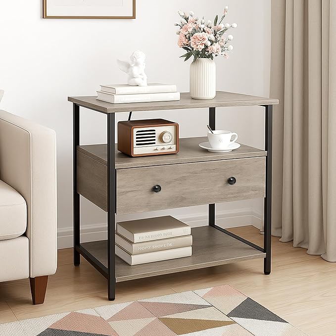 27 Inch Wide Night Stand Set 2 with Charging Station, Wood Nightstand with Open Shelf, Large Drawer Bedside Table for Living Room/Bedroom/Office(Rustic Gray)