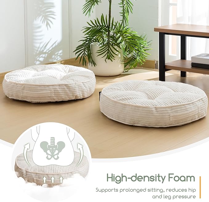 Washable Floor Pillow Cushion for Adults, Meditation Cushion Pillow, Large Round Floor Sitting, Removable Tufted Corduroy Cover, for Tatami Living Room or Yoga, 22x22 Inch, 2Pack, Machine Washable
