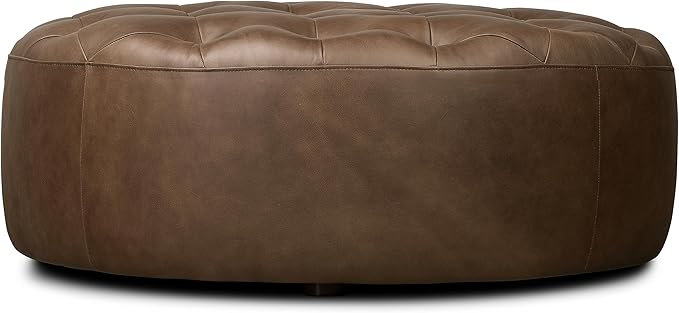 Poly & BARK Ascot Ottoman – 40" Round Pouf with Feather-Down Topper – Full-Grain Leather Upholstered Pouf Ottoman for Living Room – Vintage Italian Leather in Cocoa Brown