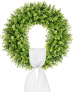 Vlorart 22 Inch Boxwood Wreaths for Front Door, Artificial Spring Wreath with Sash for Porch Window Wall Farmhouse Wedding Home Decorations, Summer Green Wreath for Year Round Indoor & Outdoor