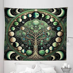 Ambesonne Green Tapestry King Size, Moon Phases Around a Tree of Life Enhance Night Boho Astrology Design Print, Wall Hanging Bedspread Bed Cover Wall Decor, 104" X 88", Black Ecru and Blue