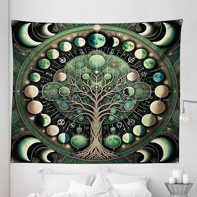 Ambesonne Green Tapestry King Size, Moon Phases Around a Tree of Life Enhance Night Boho Astrology Design Print, Wall Hanging Bedspread Bed Cover Wall Decor, 104" X 88", Black Ecru and Blue