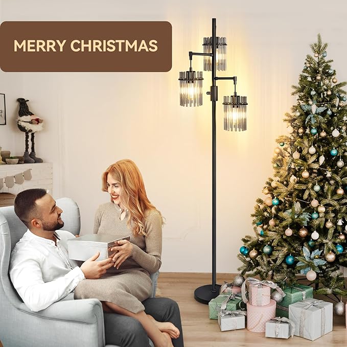 Industrial Modern Floor Lamps for Living Room, Dimmable Glass Tree Standing Tall Lamps with 3 Elegant Teardrop Cage Head & 1200 Lumens LED Bulbs for Bedroom Office (66inch Tall)