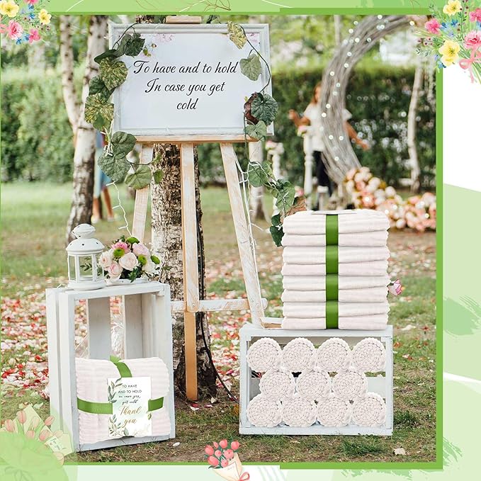 Buryeah 24 Pcs Wedding Flannel Fleece Throw Blanket Bulk with Thank You Card and Ribbon, 50 x 60 in Oeko-TEX Standard 100 Certified Blankets Outdoor Wedding, Guest Party Souvenirs (Cream White)