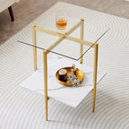 Square Glass End Table, Mid-Century Modern Design Sofa Table, for Living Room, L18 x W18 x H23, Clear Glass Top and White Marble MDF Shelf, Sleek Conical Metal Legs with Gold Finish