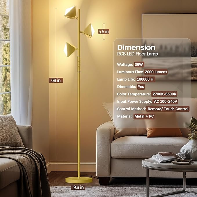36W RGBCW Floor Lamp, Color Changing LED Tree Floor Lamp, Stepless Dimmable Tall Standing Lamp with Remote & Touch Control, 2700K-6500K Modern Floor Lamps for Living Room, Bedroom, Gaming Room - Gold
