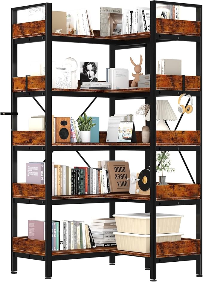 OUTLANE Reversible l-Shaped 5-Tier Industrial Bookshelf, 65 Inch Corner Bookcase with Open Wooden Shelves & Metal Frame, Adjustable Storage Rack for Home Office, Living Room Organization Furniture