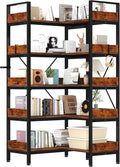 OUTLANE Reversible l-Shaped 5-Tier Industrial Bookshelf, 65 Inch Corner Bookcase with Open Wooden Shelves & Metal Frame, Adjustable Storage Rack for Home Office, Living Room Organization Furniture