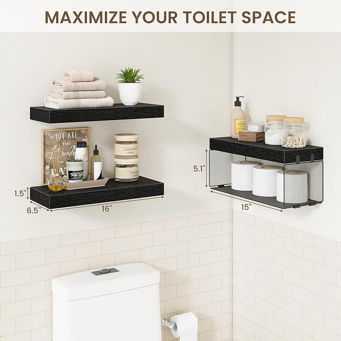 Bathroom Floating Shelves for Wall,16 inch Wall Mounted Floating Shelf Toilet Organizer and Storage,Small Farmhouse Decor Shelf,Black,Set of 3