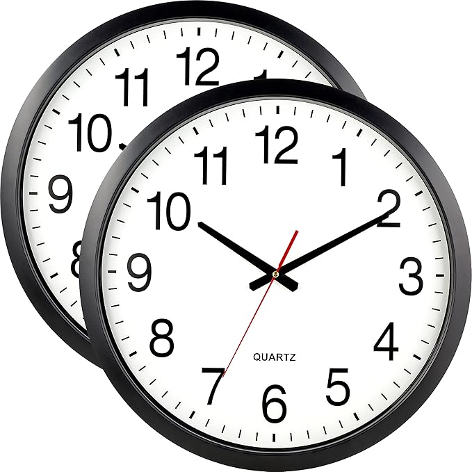 Bernhard Products Black Wall Clock Silent Non Ticking - XL 18 Inch, Set of Two Quality Quartz Battery Operated Round Easy to Read Home/Office/Classroom/School