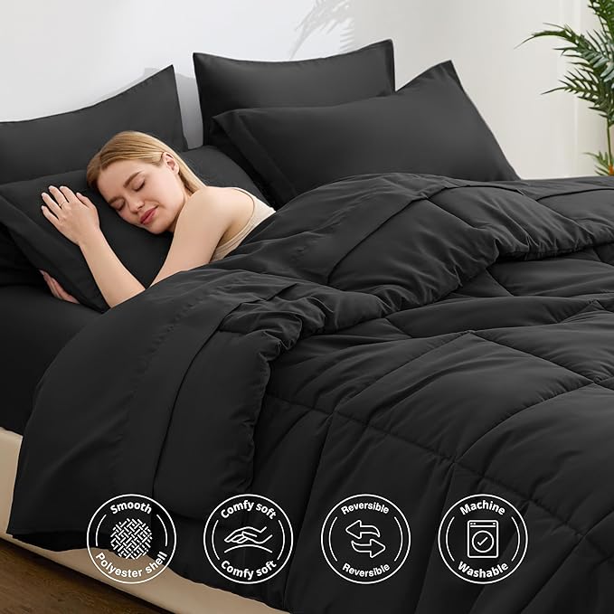 Love's cabin Queen Comforter Set Ash Black, 7 Pieces Queen Bed in a Bag, All Season Bedding Sets with 1 Comforter, 1 Flat Sheet, 1 Fitted Sheet, 2 Pillowcase and 2 Pillow Sham