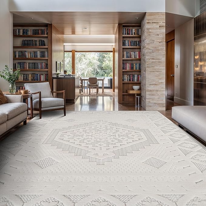 Modern Micro Loop Indoor Area Rugs for Living Room Bedroom Kitchen Geometric Trellis White 9x12 Luxury Durable Low and High Pile Non-Shedding Stain Resistant Soft Area Carpet 9 x 12