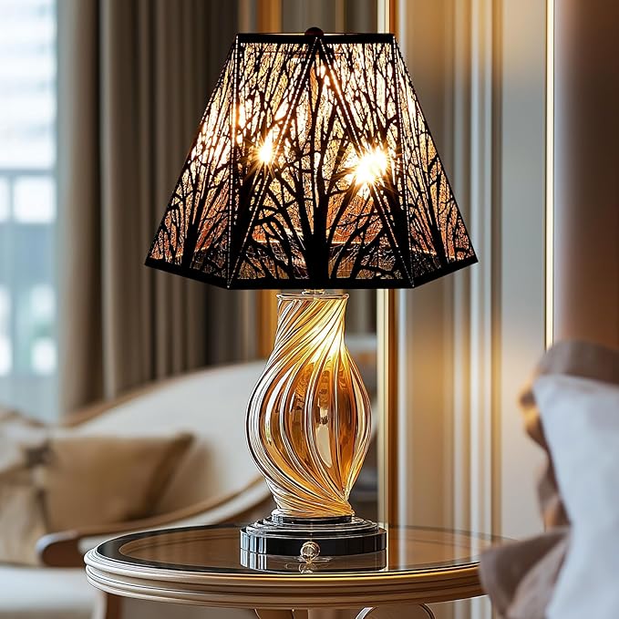 Medium Modern Style Lamp Shades with Multiple Sides, ALUCSET Metal Lampshade with Pattern of Trees for Table Lamp and Floor Light, 7 x 13.8 x 9.5 Inch, Spider (Black/Gold)