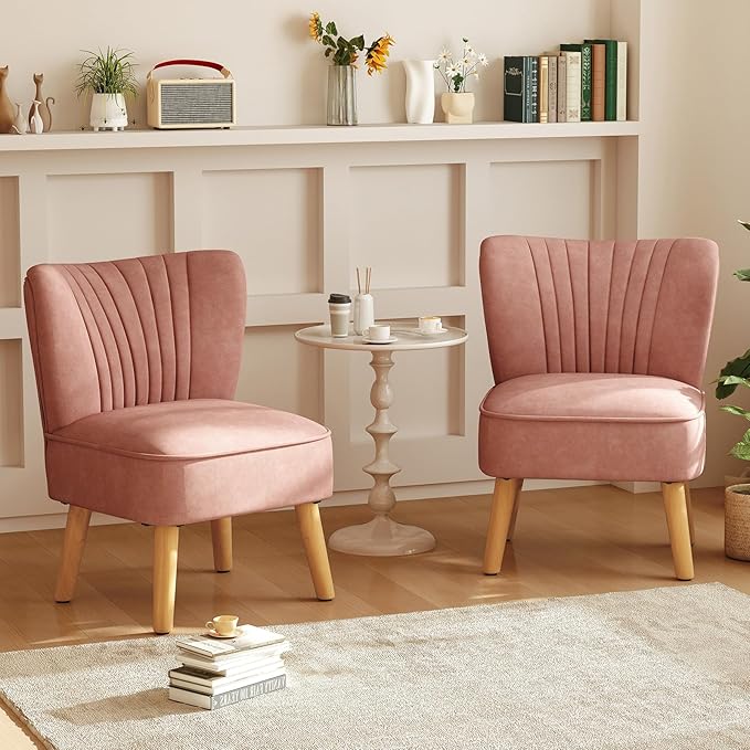 KOMFOTT Velvet Accent Chair Set of 2, Modern Armless Sofa Chair with Solid Rubber Wood Legs, Wingback Leisure Chair with Thick Cushion, Upholstered Side Chair for Living Room, Bedroom, Pink