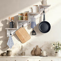 Coat Rack Wall Mount with Shelf, White Ladder Shelf with Hooks Underneath, Wall Mounted Rise Wooden shelves for Decorative, 4 Double Hooks for Hanging Coats, Keys, Books, Flowers, Planter, Towels