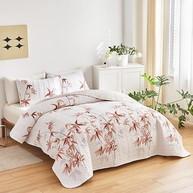 Botanical Quilt Set 2 Pieces Twin Size, Burnt Orange Leaves Printed on White Reversible Bedspread Coverlet Set, Soft Microfiber Lightweight Bed Cover for Kids (68" x 86", 1 Quilt+ 1 Pillow Sham)