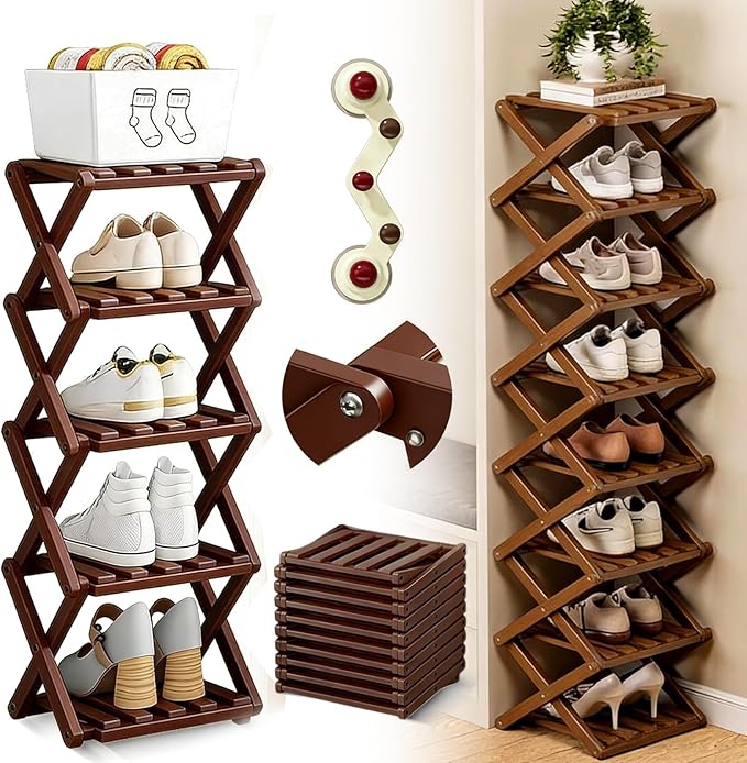 The 9-Tier No-Assembly Bamboo Rack, 2026 Upgraded Foldable 9 Tier Bamboo Corner Shoe Rack, Space-Saving Organizer for Shoes, No Assembly Narrow Shoe Shelf for Entryway Closet Dorm (Brown, 5 Layers)