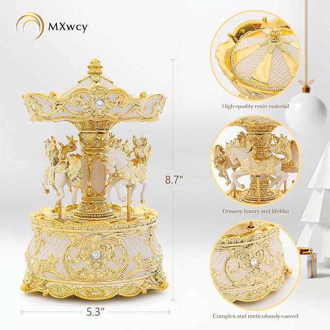Carousel Music Box Gold & Ivory 8.7" Rotate Christmas Music Box for Kids & Adults, Classic Wind up Cylinder Music Box Birthday Gifts for Women Girls Mom, Carousel Horse Musical Lantern Home Room Decor
