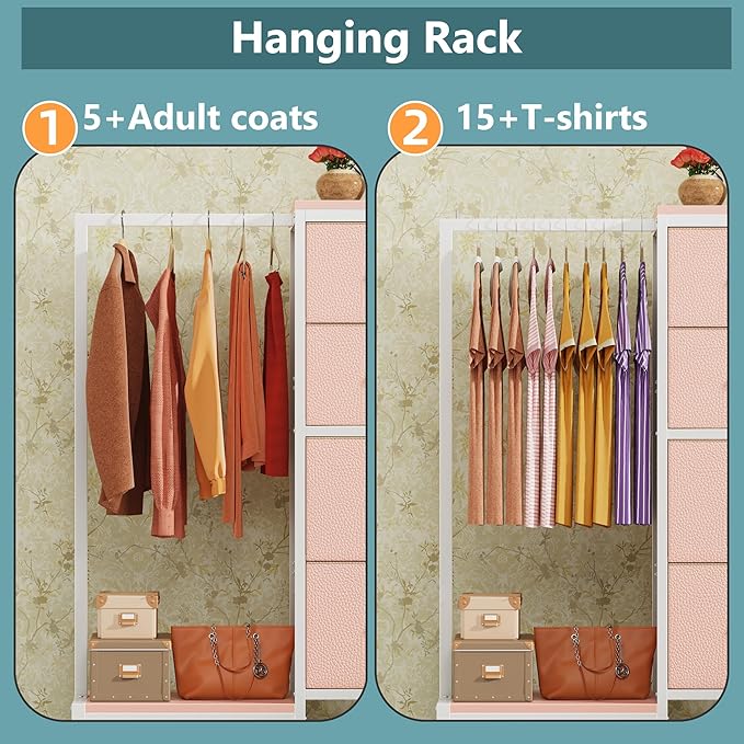 Dresser with Hanging Rack, 4 Drawers Small Closet for Bedroom, Reversible Fabric Kids Chest of Drawers with Clothes Rack, Tall Storage Tower, Sturdy Frame, Pink, 44''H