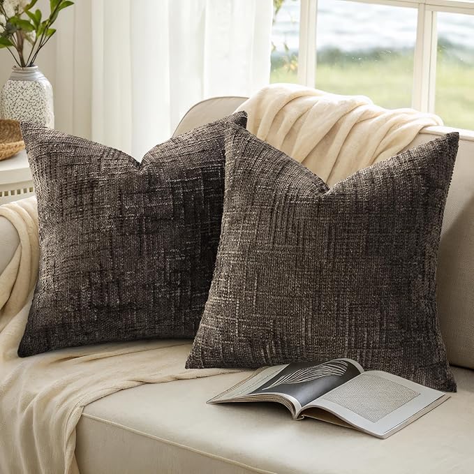 decorUhome Spring Dark Brown Chenille Euro Sham Throw Pillow Covers 24x24 Set of 2 Textured Soft Cozy Slubby Couch Pillow Covers Modern Farmhouse Boho Decorative Pillow Cases for Bed Sofa Living Room