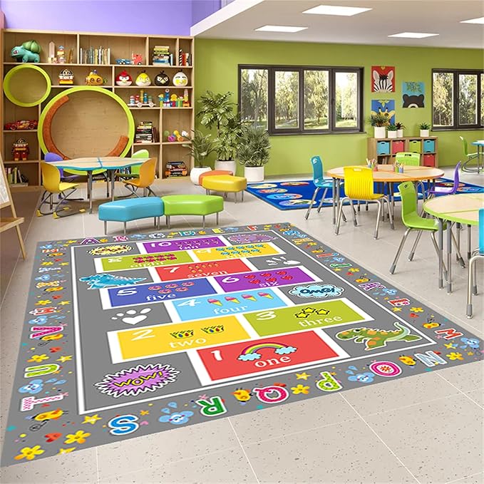 Educational Kids Rug 4x5ft - Alphabet & Numbers Play Mat with Animal Pattern - Non-Slip, Machine Washable Nursery Rug for Toddlers, Playroom & Classroom (Gray)