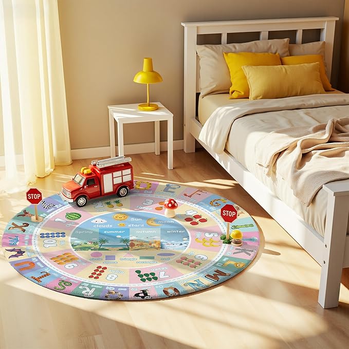 3.3ft Round Kids City Road Car Play Rug - Non-Slip Faux Wool Carpet with Interactive City Map Design, Educational Toy Vehicle Mat for Kids, Bedroom Playroom Nursery Gift.