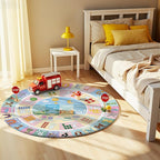 3.3ft Round Kids City Road Car Play Rug - Non-Slip Faux Wool Carpet with Interactive City Map Design, Educational Toy Vehicle Mat for Kids, Bedroom Playroom Nursery Gift.