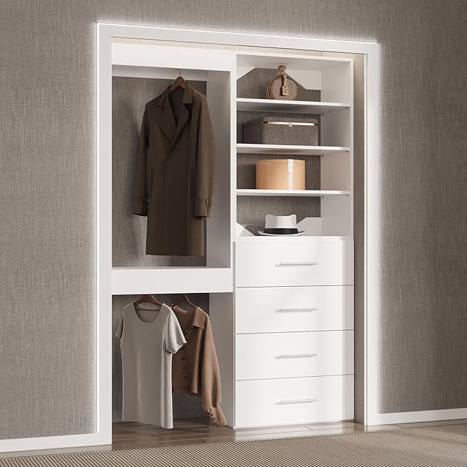 Modular Closet System, 58" Wide Organizer With Tower and Drawers, Wood Storage for Walk In Closets, Wall Mounted Wardrobe Kit, Bedroom, White