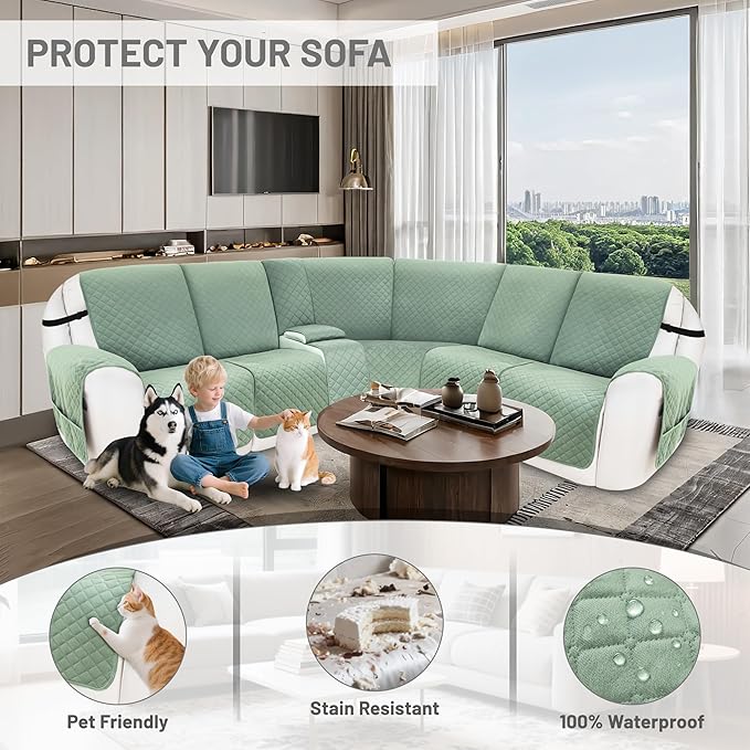Reclining Sectional Couch Covers 100% Waterproof Velvet L Shape Recliner Couch Covers for Sofa Pets Washable Anti Slip Recliner Slipcovers with Pockets (5 Seat Sofa with 1 Console, Sage Green)