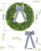 Vlorart 32" Faux Round Boxwood Wreath, Artificial Large Boxwood Wreath Front Door Wreaths Artificial Spring Summer Greenery Hanging with A Plaid Bow for Villa Wall Hanging Window Wedding Party Decor