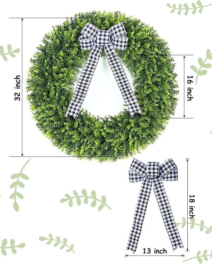Vlorart 32" Faux Round Boxwood Wreath, Artificial Large Boxwood Wreath Front Door Wreaths Artificial Spring Summer Greenery Hanging with A Plaid Bow for Villa Wall Hanging Window Wedding Party Decor