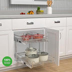 2-Tier Pull Out Cabinet Organizer (17.5" W x 22" D), Pull Out Shelves and Drawer for Kitchen Pantry Storage Basket, Heavy-Duty Metal Sliding Shelf, Chrome Finish