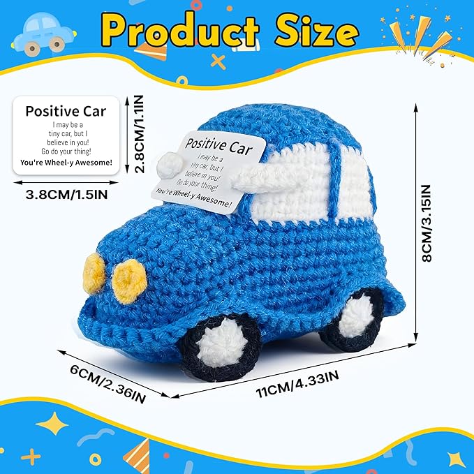 Positive Funny Crochet Car, Emotional Support Mini Handmade Crochet Gift, Inspirational Birthday Gifts for Men Women Friends Boyfriend Dad Coworker, Blue