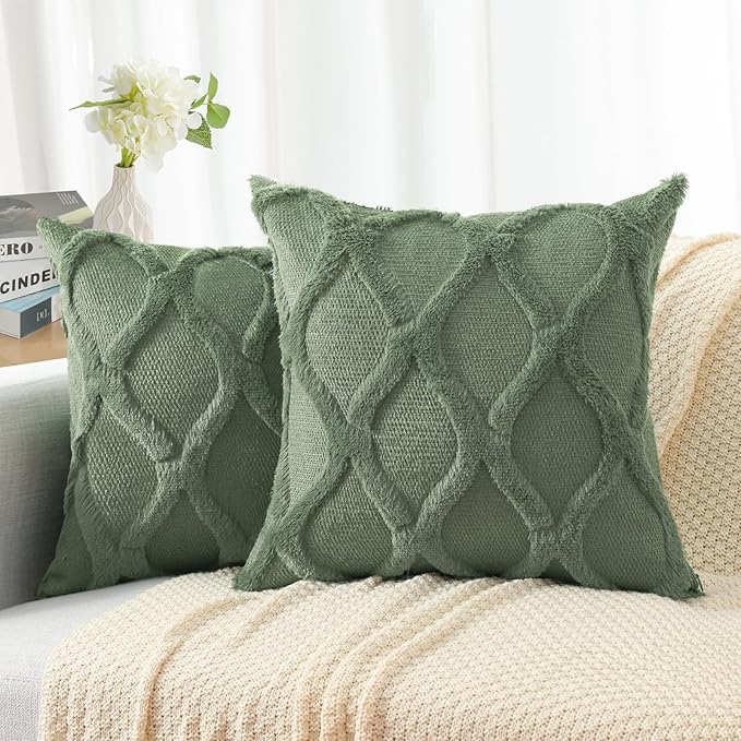 decorUhome Spring Euro Sham Throw Pillow Covers 24x24 Inch Set of 2, Soft Plush Faux Fur Wool Olive Green Couch Pillow Covers, Decorative Neutral Pillow Cases for Bed Sofa Living Room Home Decor