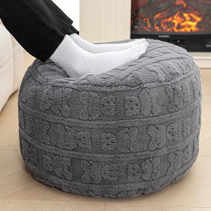 Stuffed Pouf Ottoman with High Density Foam Filler Plush Fiber Pouf Stool Round Foot Stool Cushion Storage Ottoman 20 * 12''Floor Poufs Foot Rest for Living Room (Gray)
