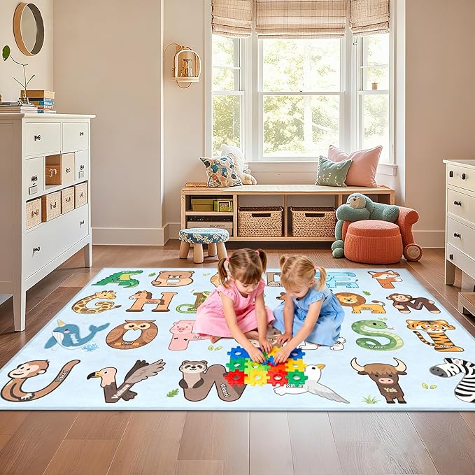 Kids Rugs for Playroom - 3x5 Feet ABC Alphabet Rug for Kids Room Educaitonal Learning Animal, Preschool Rug for Children Toddler Bedroom Nursery Kindergarten Decor, Blue