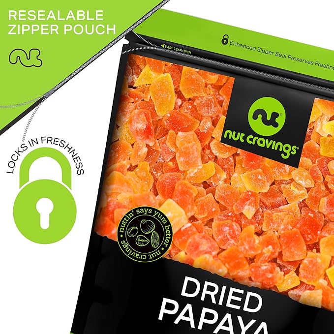 NUT CRAVINGS - Dried Papaya Chunks, Lightly Sweetened (16oz, 1 LB) Tu Bishvat Favorite - Sweet Healthy Snack, Vegan, Kosher, Resealable Bag