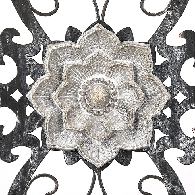 Metal Flowers Wall Art, 15.75” x 9” Metal Scroll Floral Wall Decor, Hanging Wall Sculpture with Wooden Bohemian Flower, Iron Wall Decoration for Living Room Kitchen, Outside Wall Decor for Garden