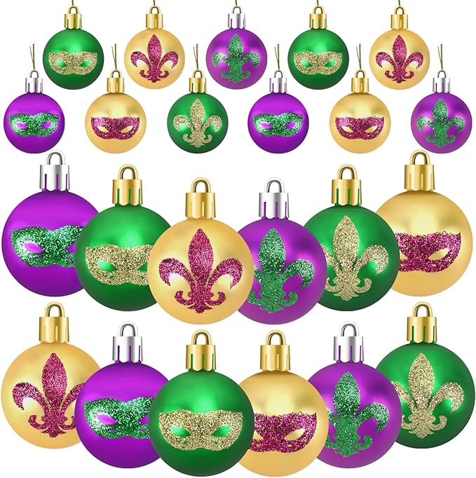 JULMELON 24Pcs Mardi Gras Hanging Ball Ornaments Mardi Gras Glitter Hanging Ball Decorations Sequin Purple Green Gold Tree Ornament for Mardi Gras Home New Orleans Masquerade Party Decor
