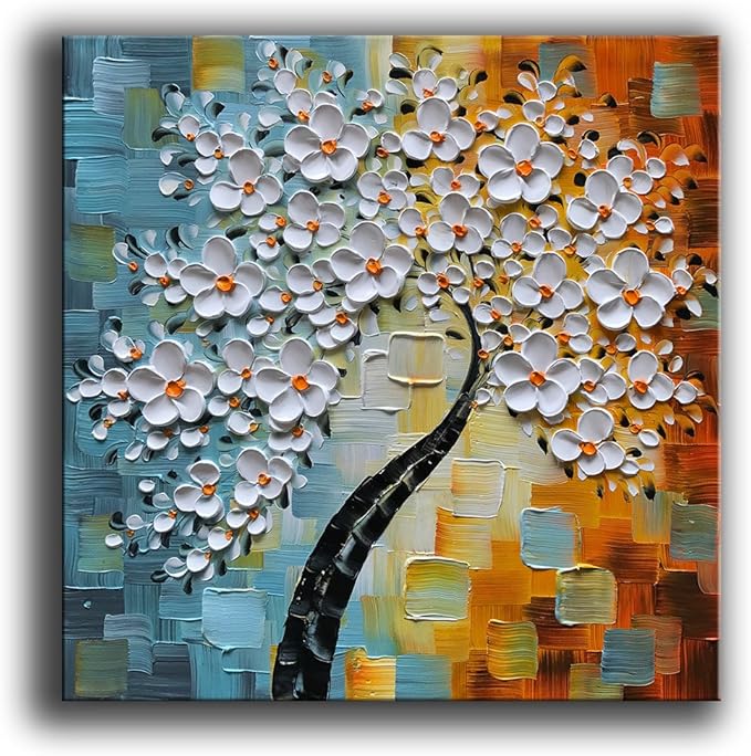 YaSheng Art - hand-painted Oil Painting On Canvas white Flowers Paintings Modern Home Interior Decor Abstract Art picture Ready to hang 24x24inch