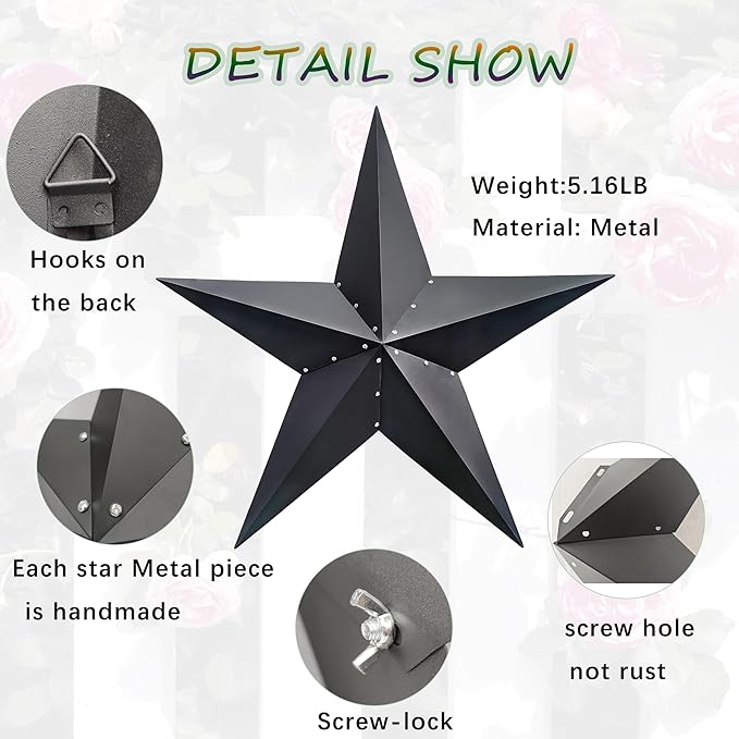 JoyEvy 48" Large Barn Star-Black Barn Star Outdoor Decoration-Metal Stars for Outside Texas Stars Art Rustic Vintage Western Country Home Farmhouse Primitive House Decor- Primitive Wall Décor