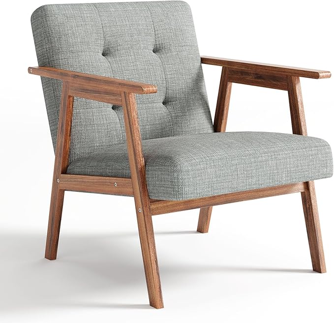 Mid Century Accent Chair, Upholstered Fabric Lounge Chair with Walnut Finish Frame for Living Room, Comfortable Sofa Chairs in Gray