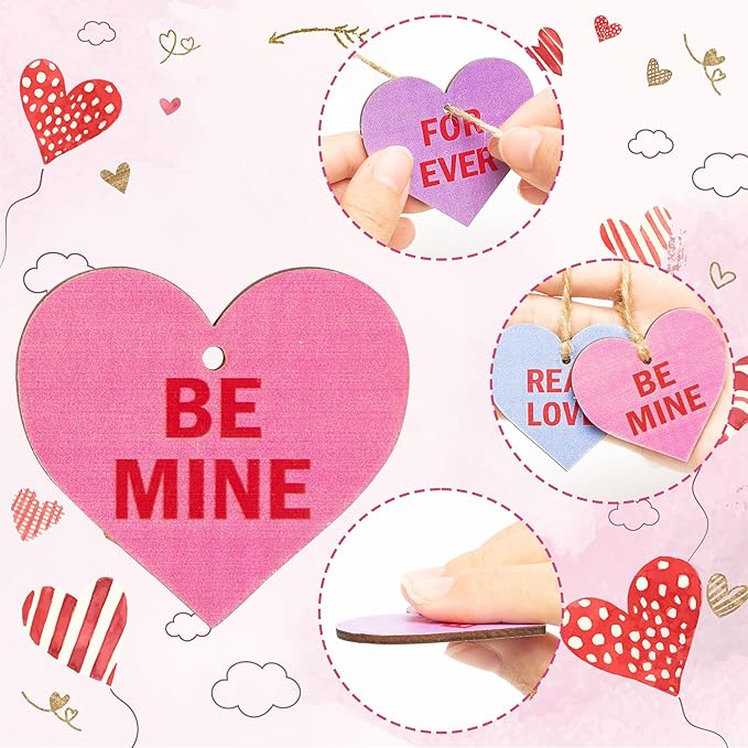 ANGOLIO 37Pcs Valentine's Day Wooden Candy Heart Hanging Ornaments Conversation Heart Hanging Decorations Colorful Love Heart Ornaments for Valentine's Day Wedding Holiday Party Supplies Decor