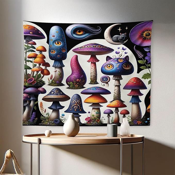 Ambesonne Hippie Tapestry, Psychedelic Dream of Trippy Mushroom Scene with Eyes and Cat Face Fantasy, Fabric Wall Hanging Decor for Bedroom Living Room Dorm, 28" X 23", Quartz Sea Blue Pearl