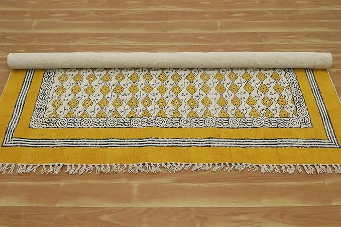 Area Rug 7' Square Rug Yellow & Beige Cotton Dhurrie Oriental Thick 0.19 inches Stone Easy Washable Rug Hand Wash Cotton Carpet Flatweave Rug Indoor Outdoor Rugs for Hall Room, Dining Room