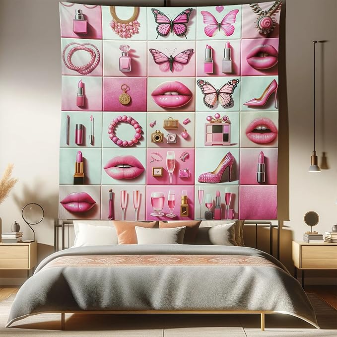 Ambesonne Pink Tapestry Queen Size, Squares of Feminine Fashion Lipstick Butterfly Makeup Glam Kisses Concepts, Wall Hanging Bedspread Bed Cover Wall Decor, 88" X 88", Pale Mint Green