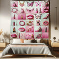 Ambesonne Pink Tapestry Queen Size, Squares of Feminine Fashion Lipstick Butterfly Makeup Glam Kisses Concepts, Wall Hanging Bedspread Bed Cover Wall Decor, 88" X 88", Pale Mint Green